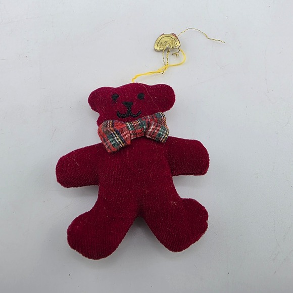 Vintage Burgundy Teddy Bear Ornament Plaid Bow Holiday Christmas Decoration - Picture 1 of 4